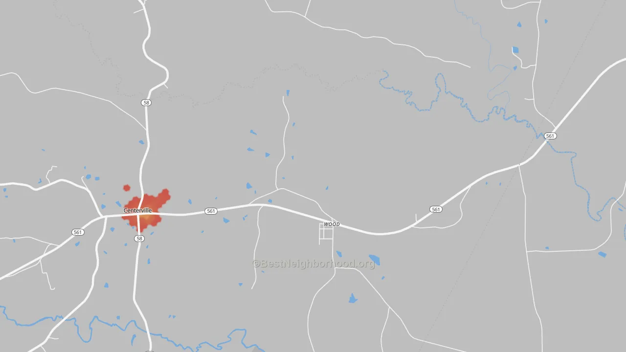 Walk Grade map of Wood, NC, walkable areas in green and car-dependent areas in red