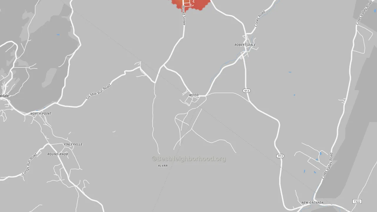 Walk Grade map of Wood, PA, walkable areas in green and car-dependent areas in red