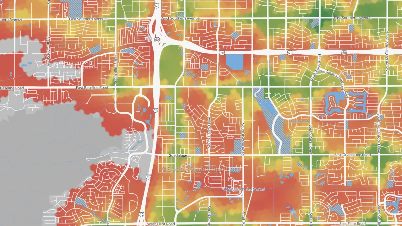 Walk Grade map of Wood Park, Tempe, AZ, walkable areas in green and car-dependent areas in red