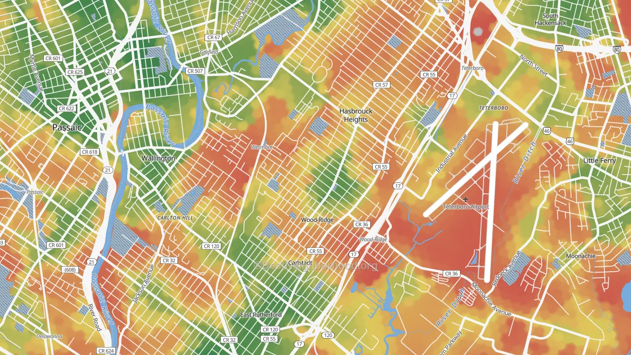 Walk Grade map of Wood-Ridge, NJ, walkable areas in green and car-dependent areas in red