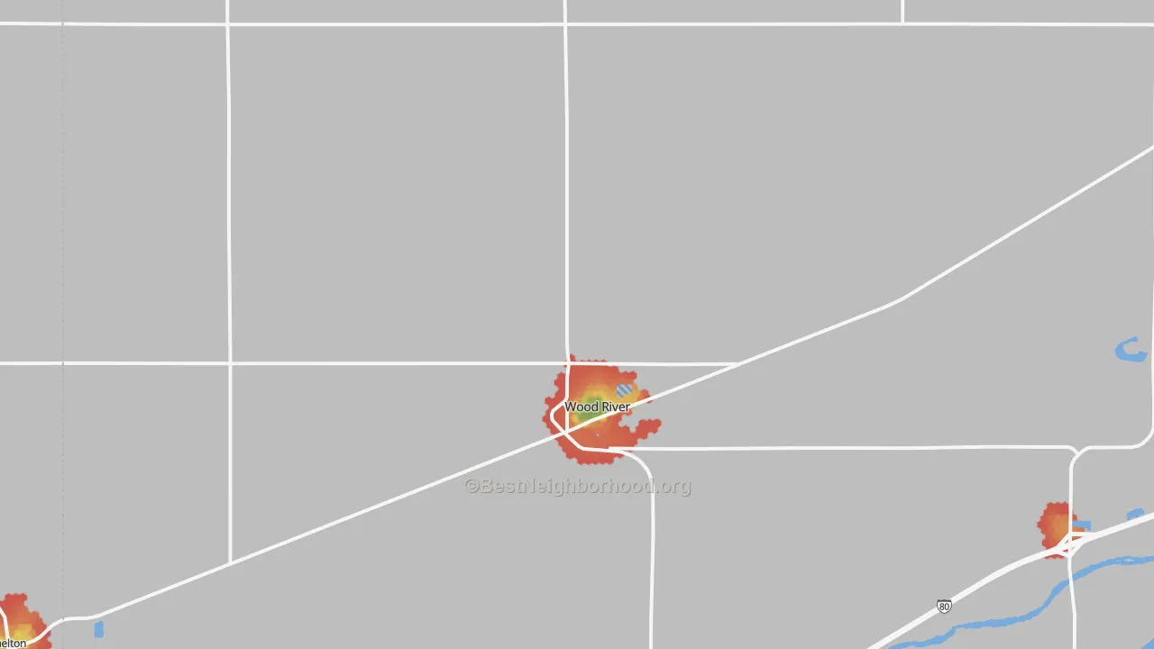 Walk Grade map of Wood River, NE, walkable areas in green and car-dependent areas in red