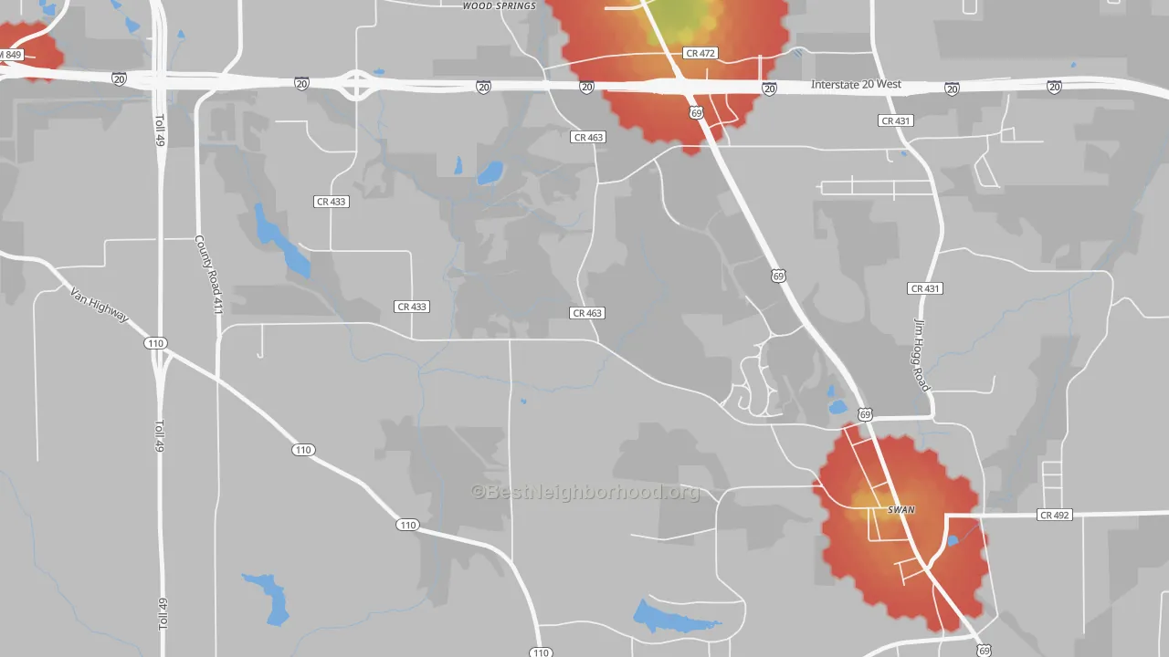 Walk Grade map of Wood Springs, TX, walkable areas in green and car-dependent areas in red