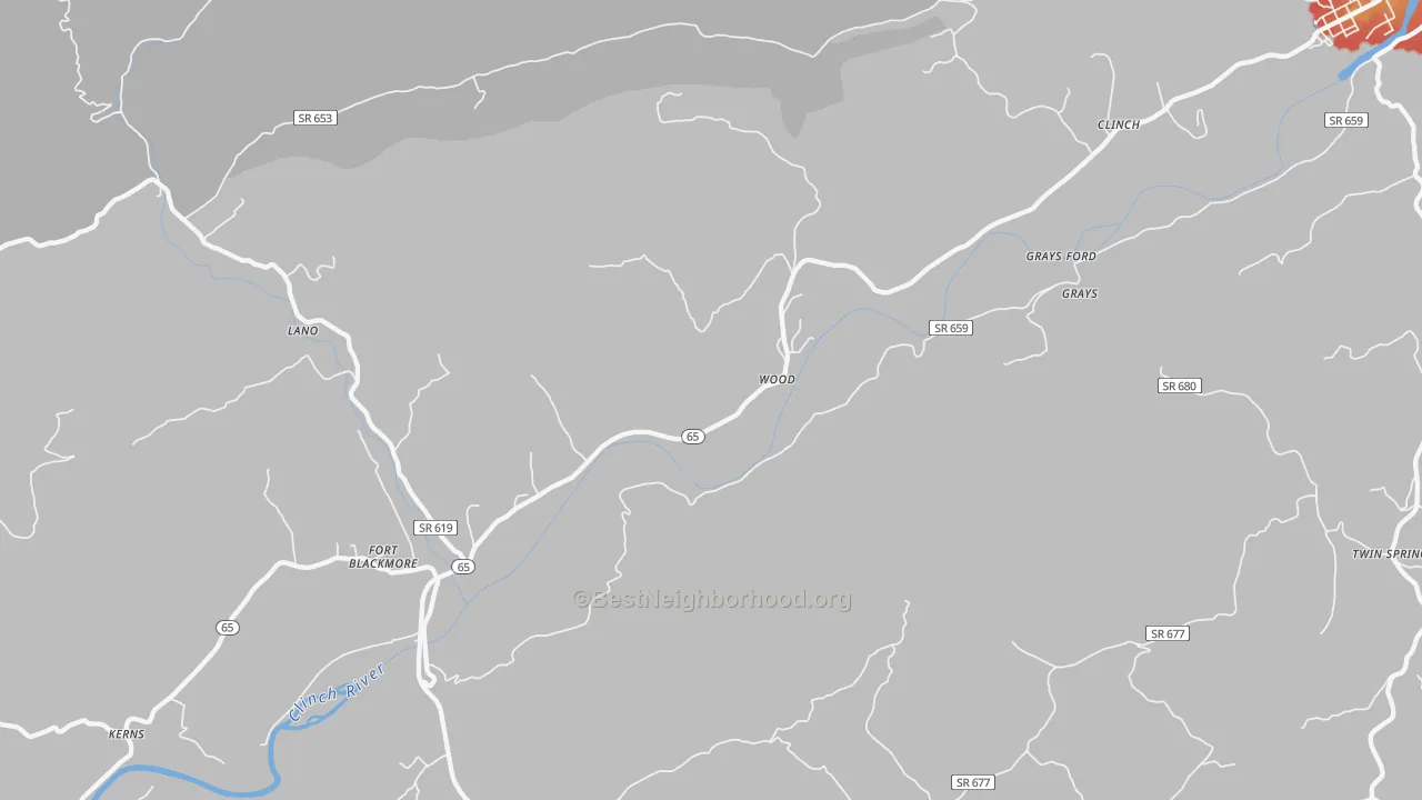 Walk Grade map of Wood, VA, walkable areas in green and car-dependent areas in red