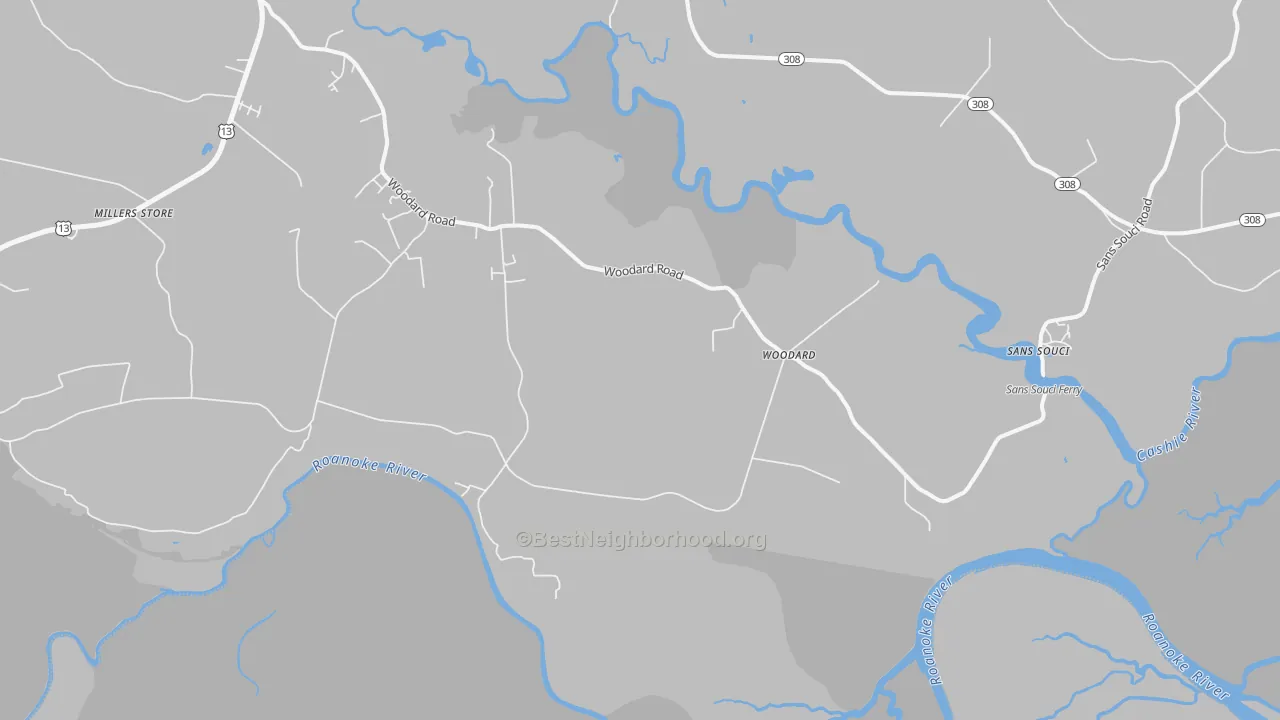 Walk Grade map of Woodard, NC, walkable areas in green and car-dependent areas in red