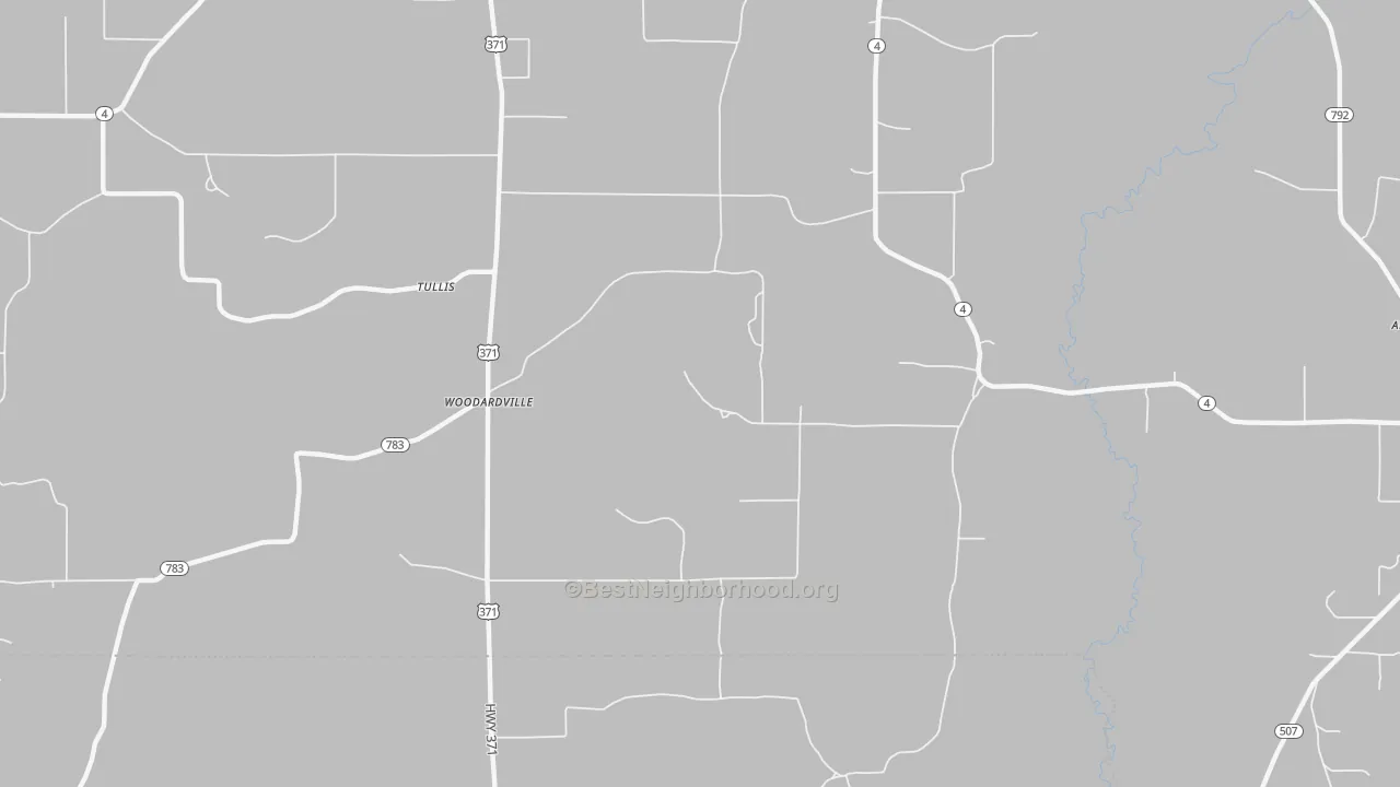 Walk Grade map of Woodardville, LA, walkable areas in green and car-dependent areas in red