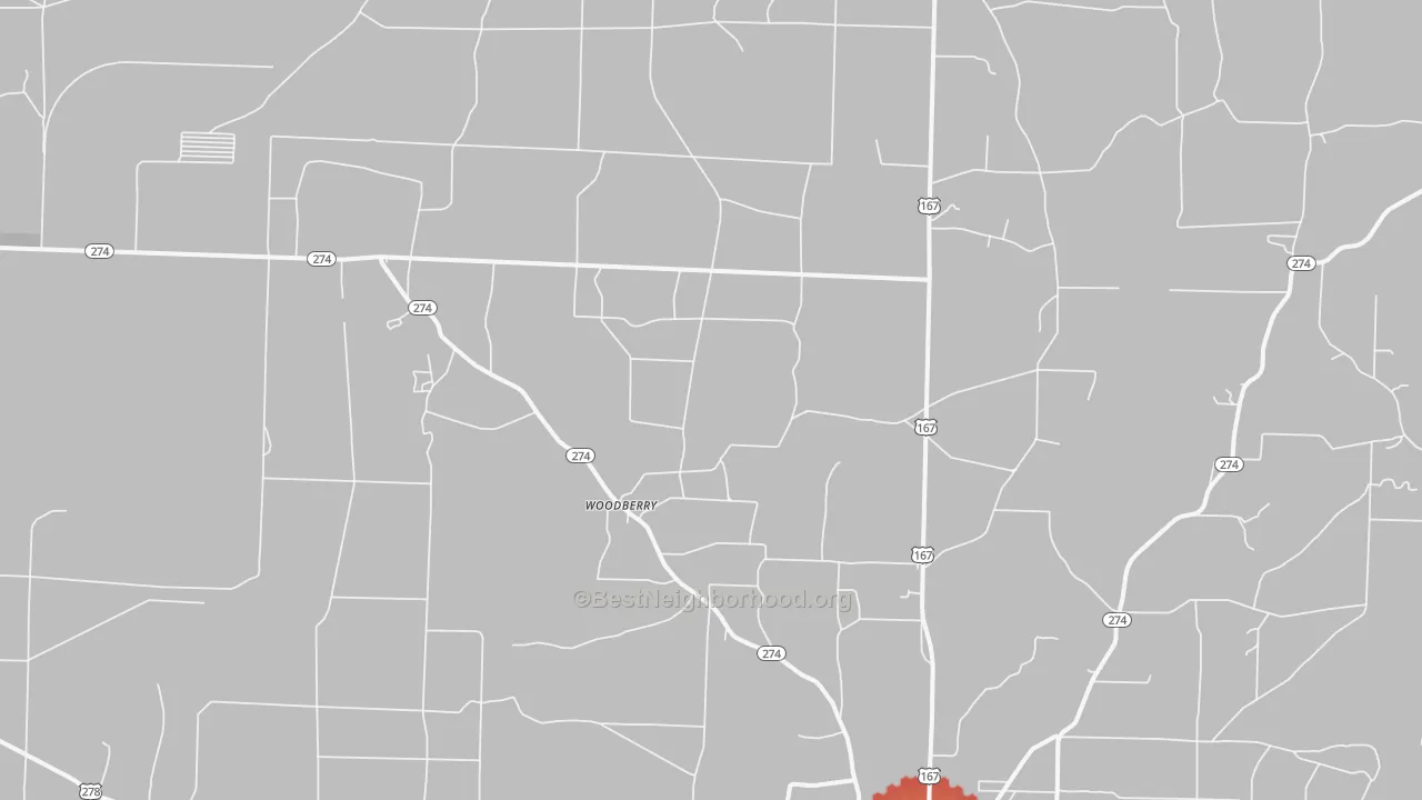Walk Grade map of Woodberry, AR, walkable areas in green and car-dependent areas in red