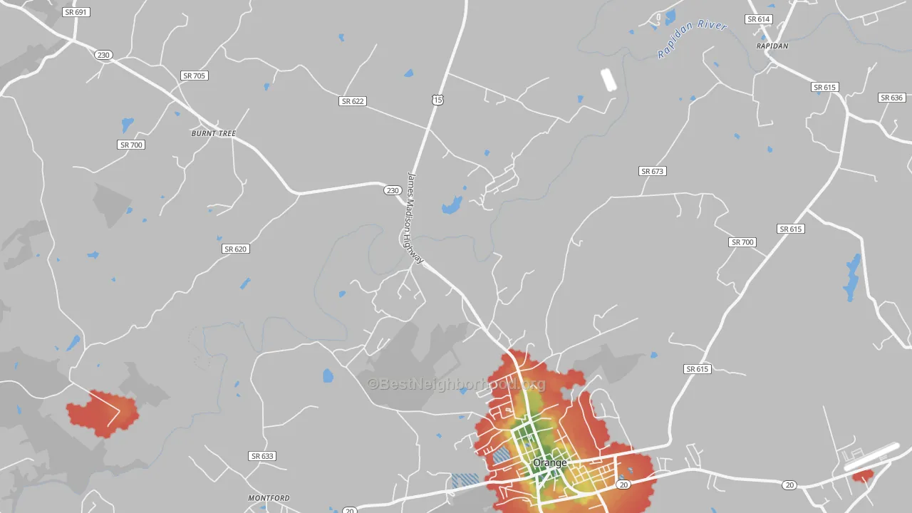Walk Grade map of Woodberry Forest, VA, walkable areas in green and car-dependent areas in red