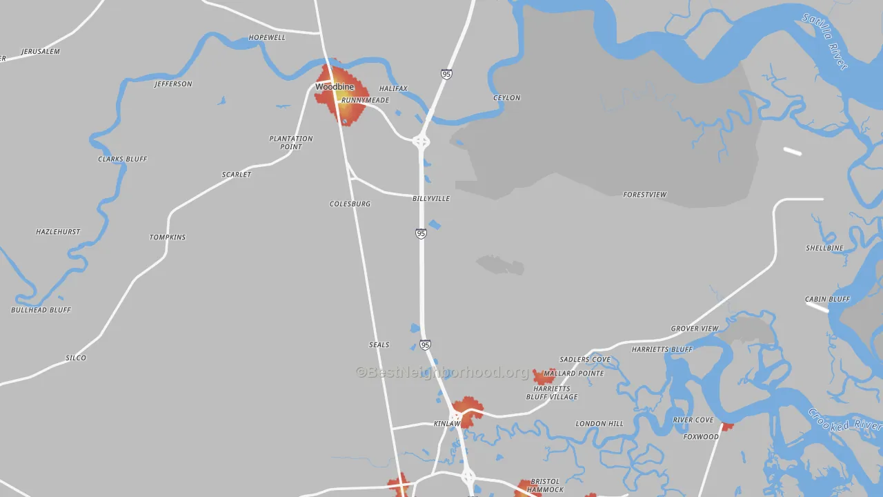 Walk Grade map of Woodbine, GA, walkable areas in green and car-dependent areas in red