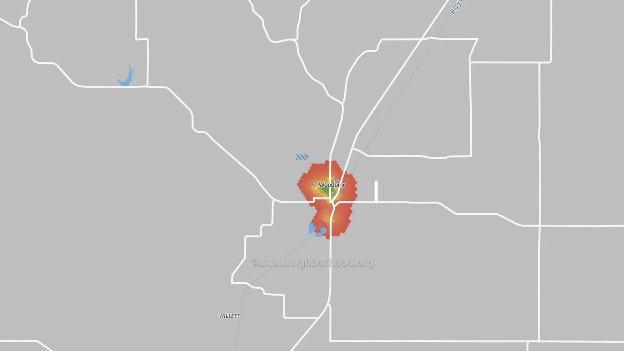 Walk Grade map of Woodbine, IA, walkable areas in green and car-dependent areas in red