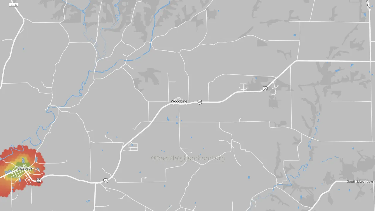 Walk Grade map of Woodbine, IL, walkable areas in green and car-dependent areas in red