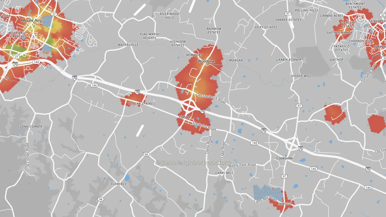 Walk Grade map of Woodbine, MD, walkable areas in green and car-dependent areas in red