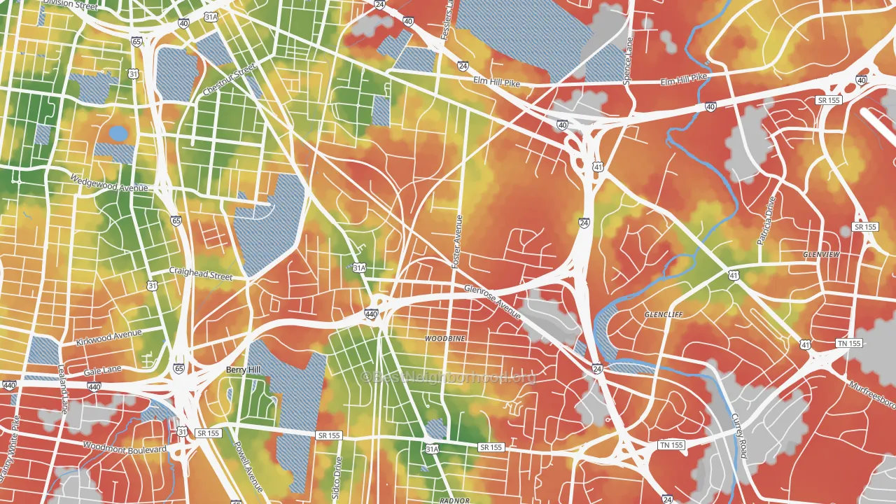 Walk Grade map of Woodbine, Nashville, TN, walkable areas in green and car-dependent areas in red