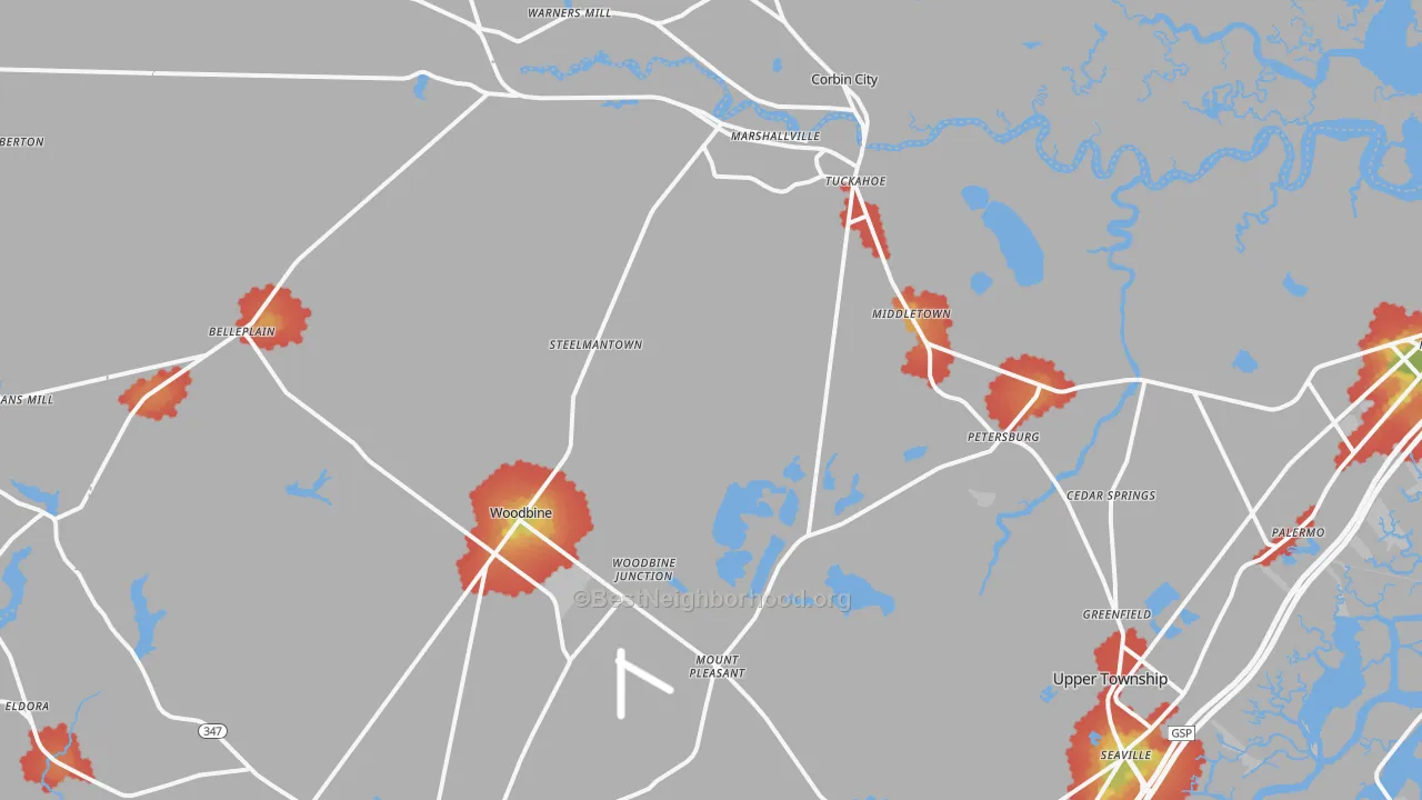 Walk Grade map of Woodbine, NJ, walkable areas in green and car-dependent areas in red
