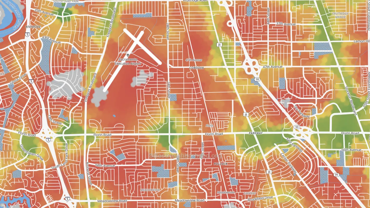 Walk Grade map of Woodbine, Sacramento, CA, walkable areas in green and car-dependent areas in red