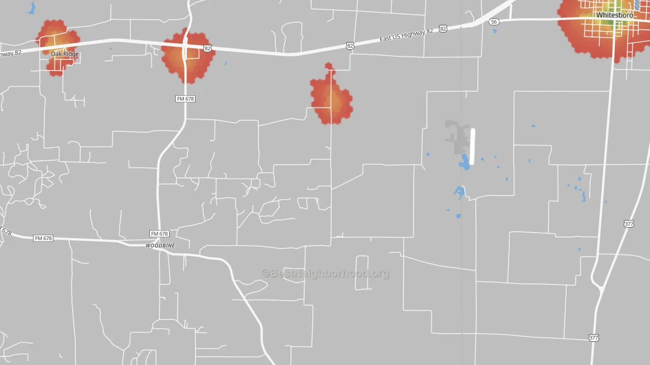 Walk Grade map of Woodbine, TX, walkable areas in green and car-dependent areas in red