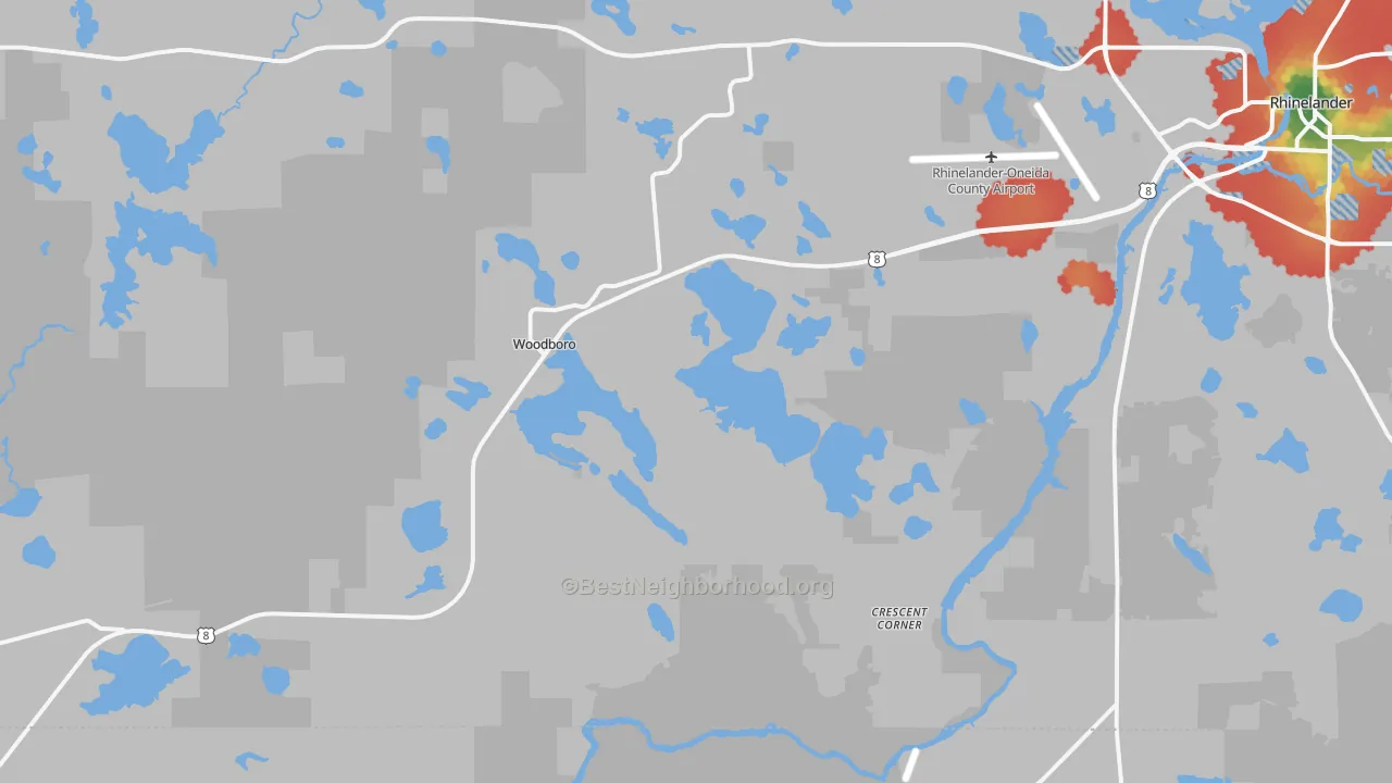 Walk Grade map of Woodboro, WI, walkable areas in green and car-dependent areas in red