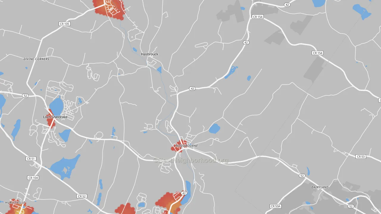Walk Grade map of Woodbourne, NY, walkable areas in green and car-dependent areas in red