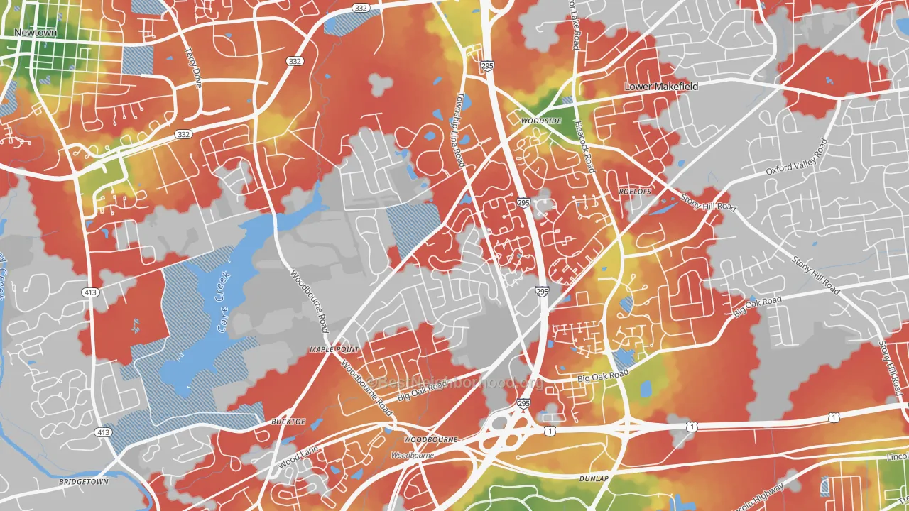 Walk Grade map of Woodbourne, PA, walkable areas in green and car-dependent areas in red