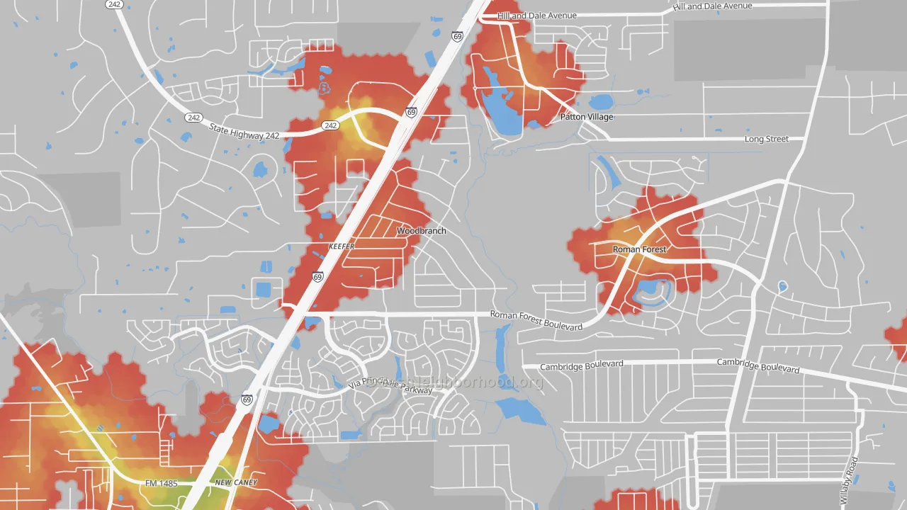 Walk Grade map of Woodbranch, TX, walkable areas in green and car-dependent areas in red