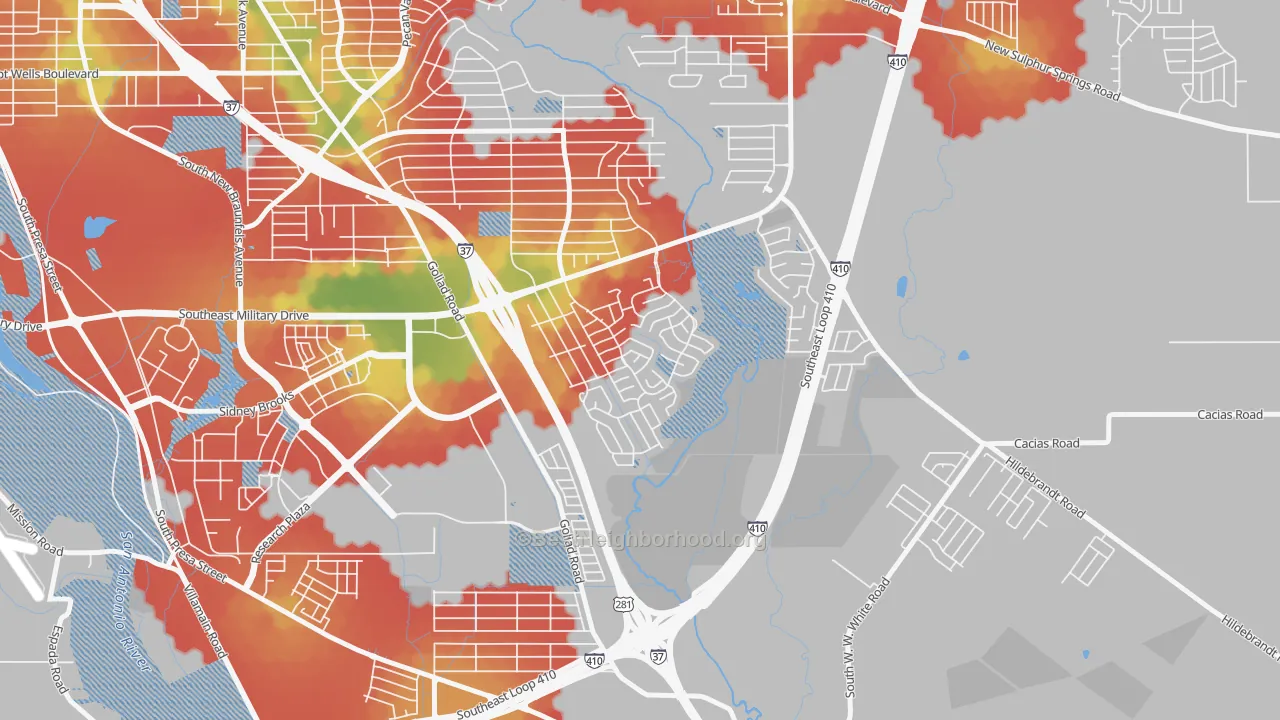 Walk Grade map of Woodbridge at Monte Viejo, San Antonio, TX, walkable areas in green and car-dependent areas in red