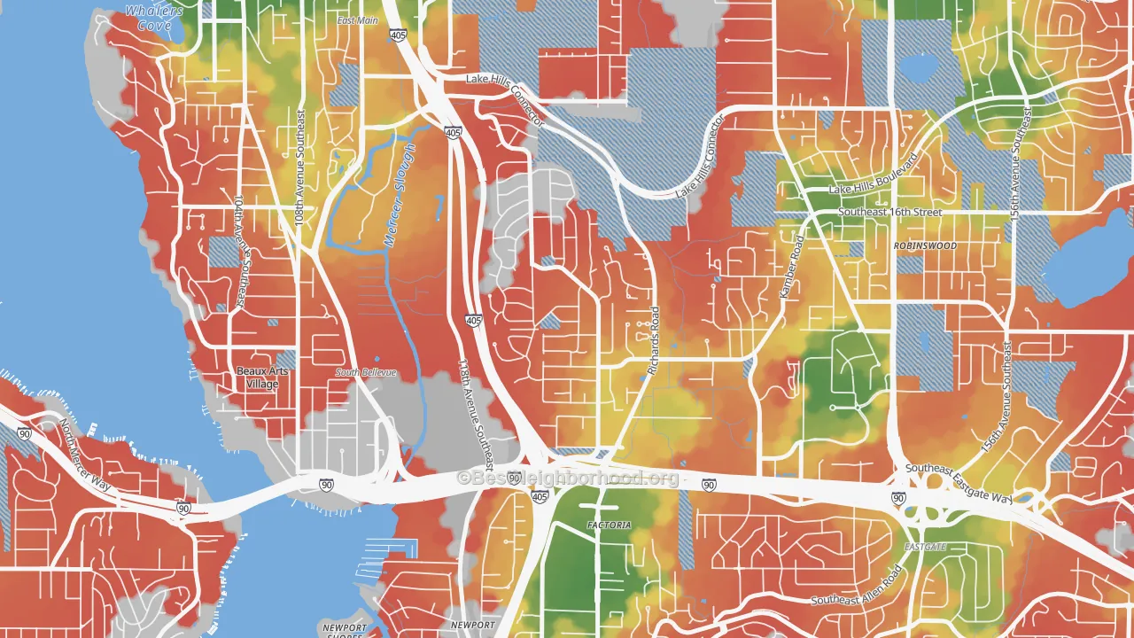 Walk Grade map of Woodbridge, Bellevue, WA, walkable areas in green and car-dependent areas in red