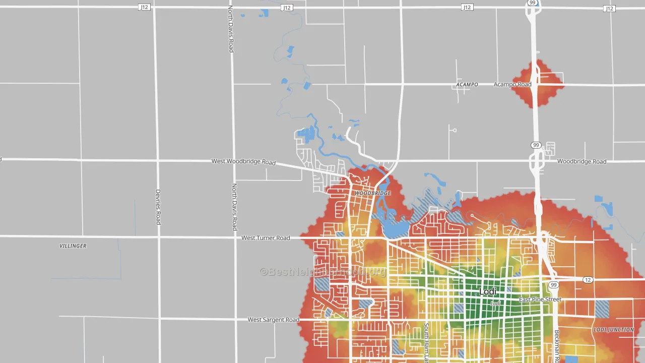 Walk Grade map of Woodbridge, CA, walkable areas in green and car-dependent areas in red