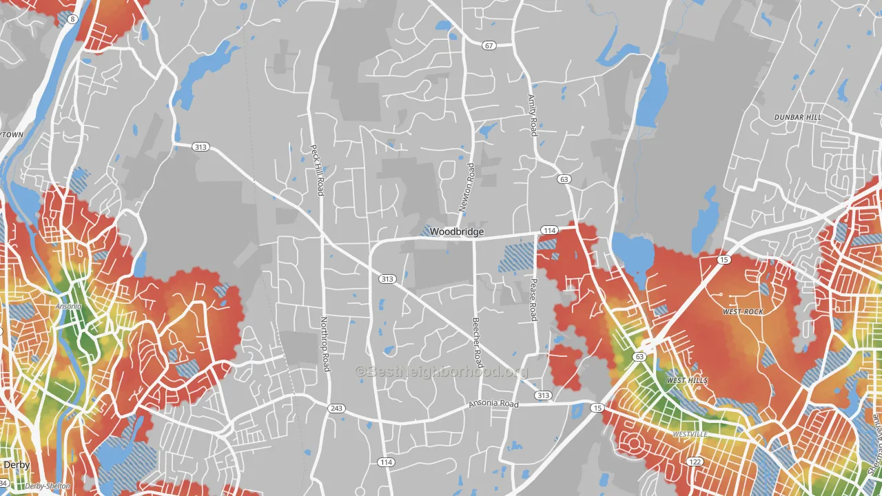 Walk Grade map of Woodbridge, CT, walkable areas in green and car-dependent areas in red