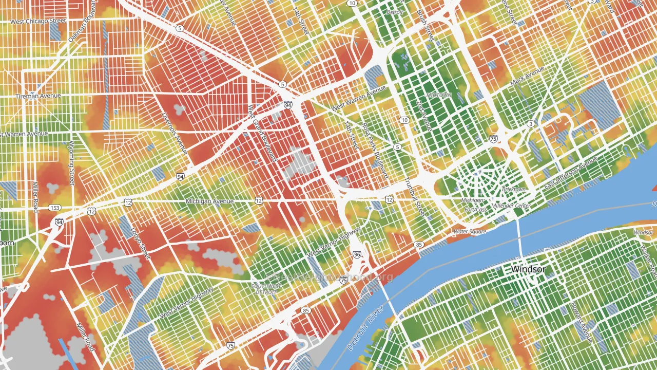 Walk Grade map of Woodbridge, Detroit, MI, walkable areas in green and car-dependent areas in red