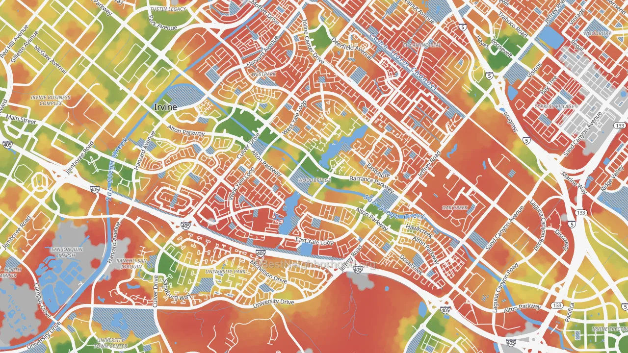 Walk Grade map of Woodbridge, Irvine, CA, walkable areas in green and car-dependent areas in red