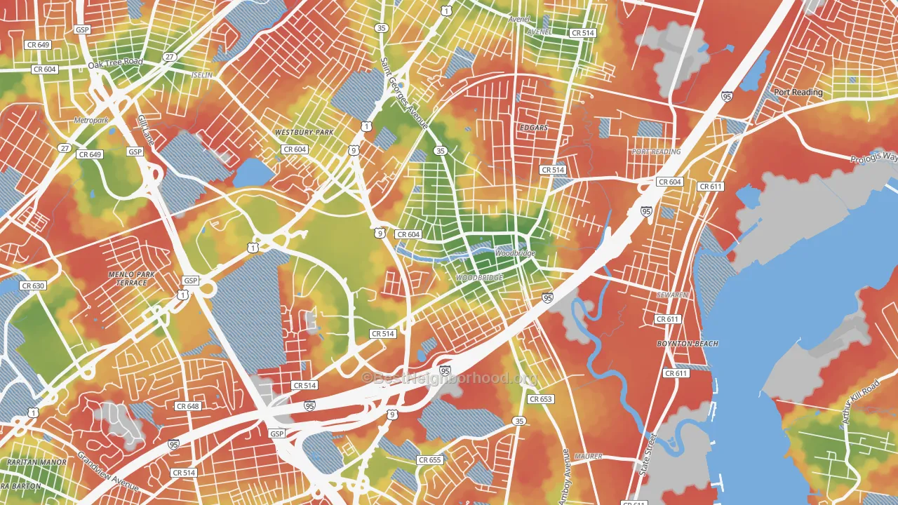 Walk Grade map of Woodbridge, NJ, walkable areas in green and car-dependent areas in red