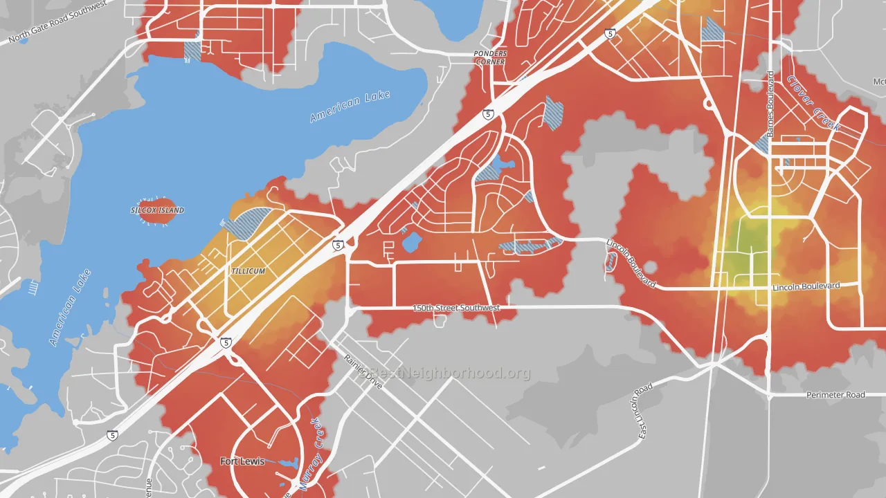 Walk Grade map of Woodbrook, Lakewood, WA, walkable areas in green and car-dependent areas in red