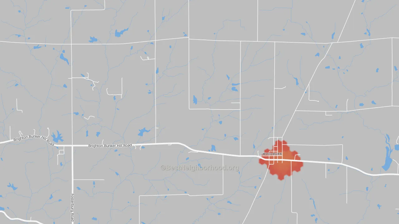 Walk Grade map of Woodburn, IL, walkable areas in green and car-dependent areas in red