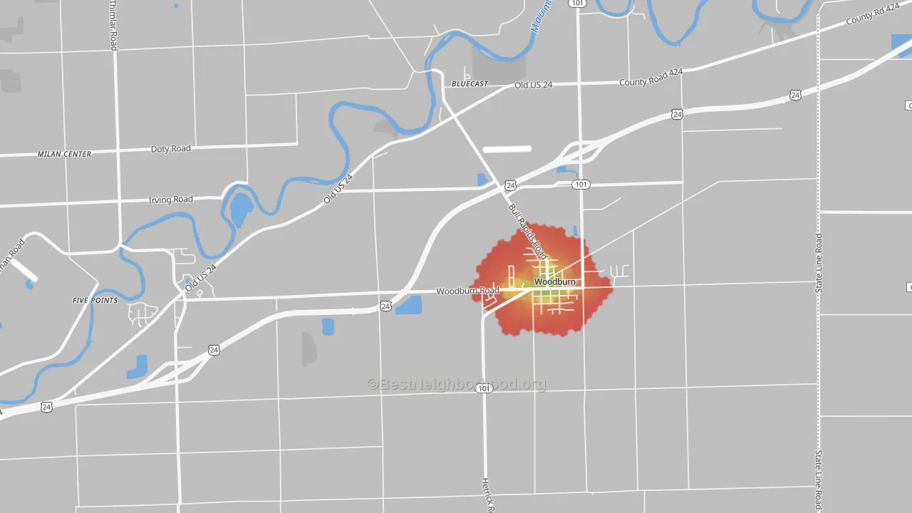 Walk Grade map of Woodburn, IN, walkable areas in green and car-dependent areas in red