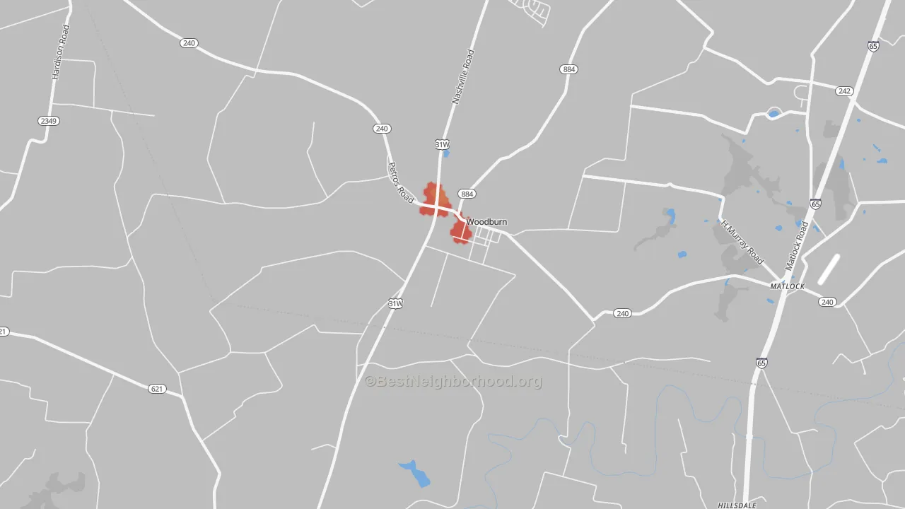 Walk Grade map of Woodburn, KY, walkable areas in green and car-dependent areas in red