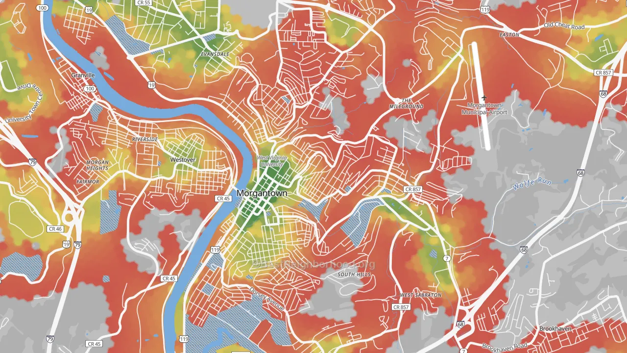 Walk Grade map of Woodburn, Morgantown, WV, walkable areas in green and car-dependent areas in red