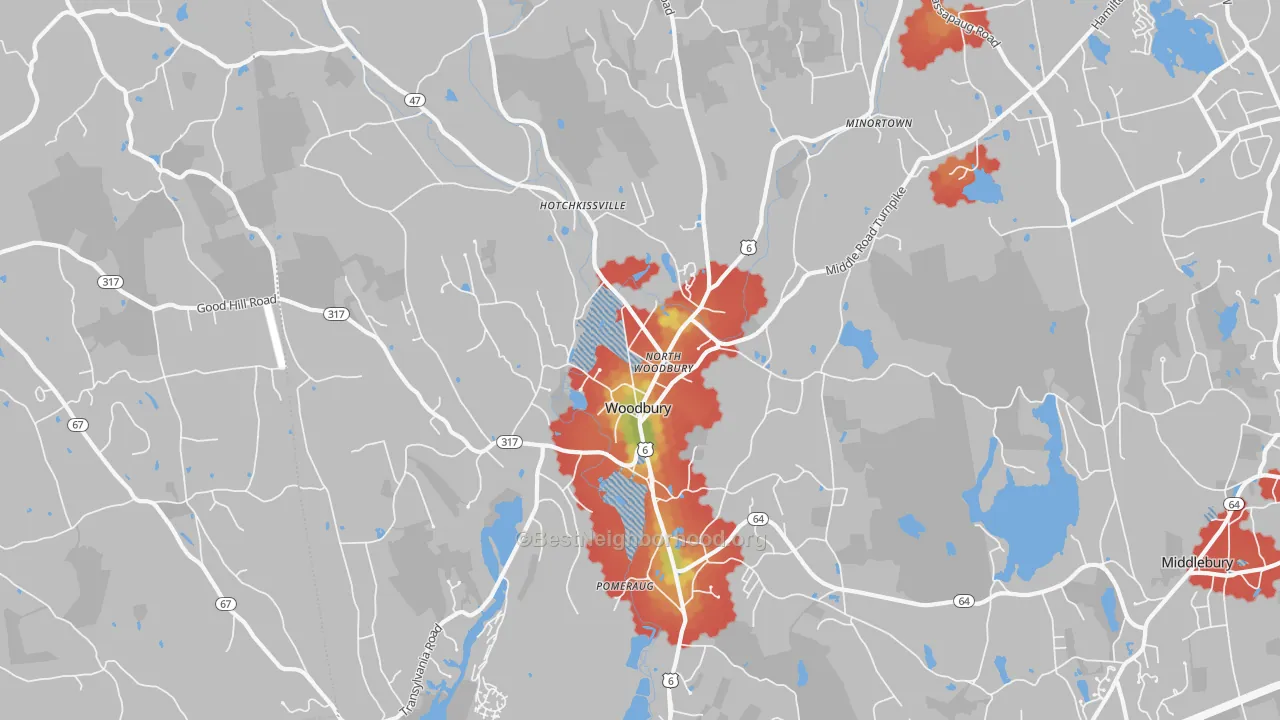 Walk Grade map of Woodbury, CT, walkable areas in green and car-dependent areas in red