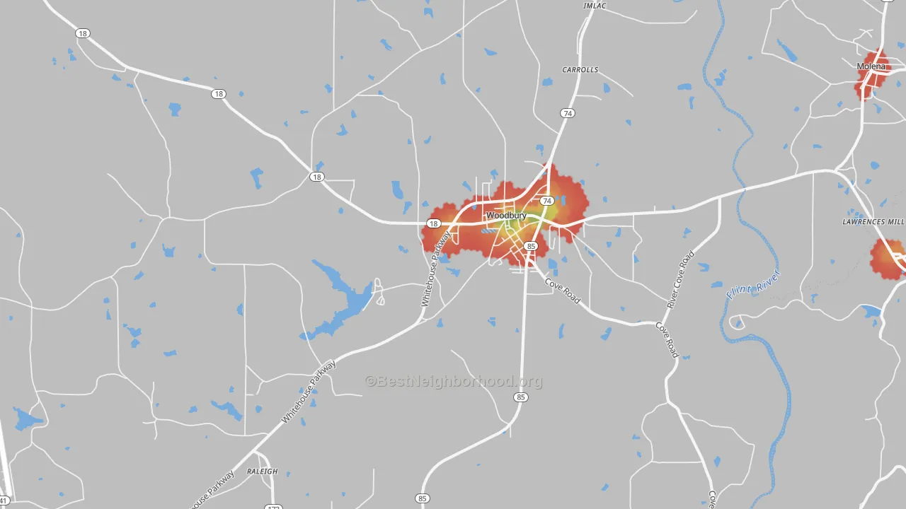 Walk Grade map of Woodbury, GA, walkable areas in green and car-dependent areas in red