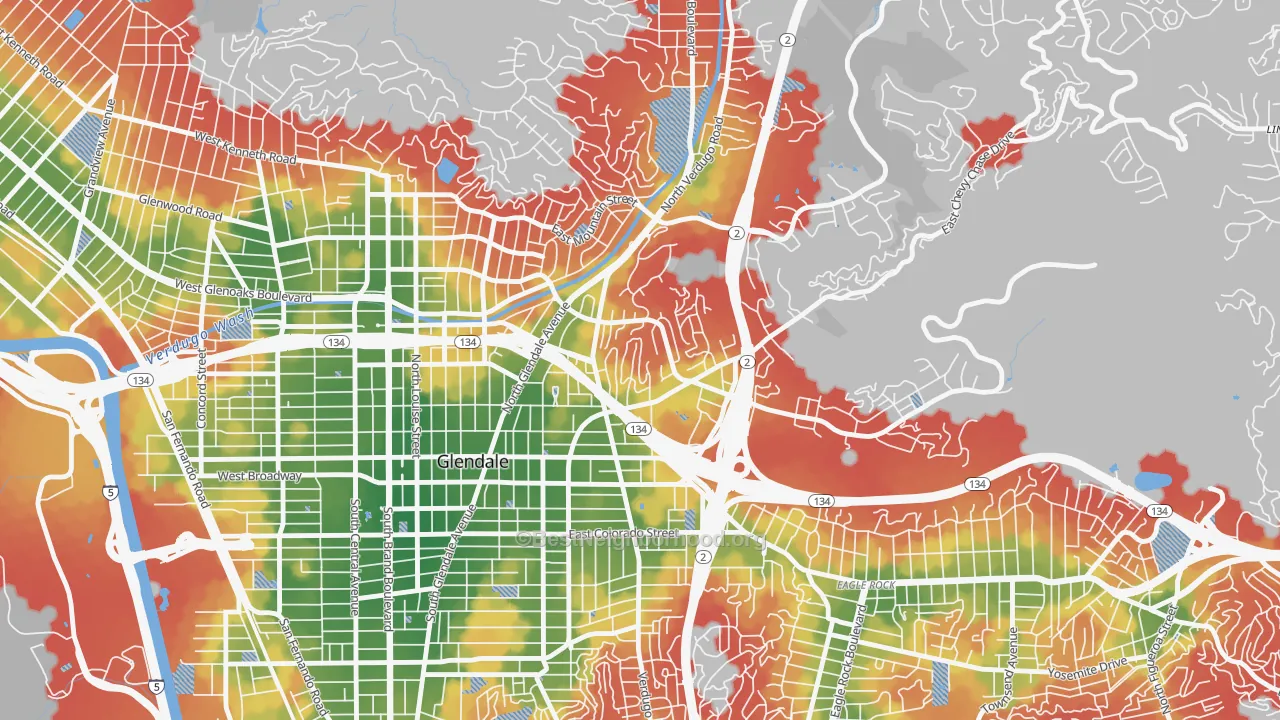 Walk Grade map of Woodbury-Glendale, Glendale, CA, walkable areas in green and car-dependent areas in red