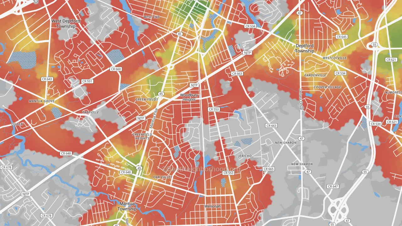 Walk Grade map of Woodbury Heights, NJ, walkable areas in green and car-dependent areas in red