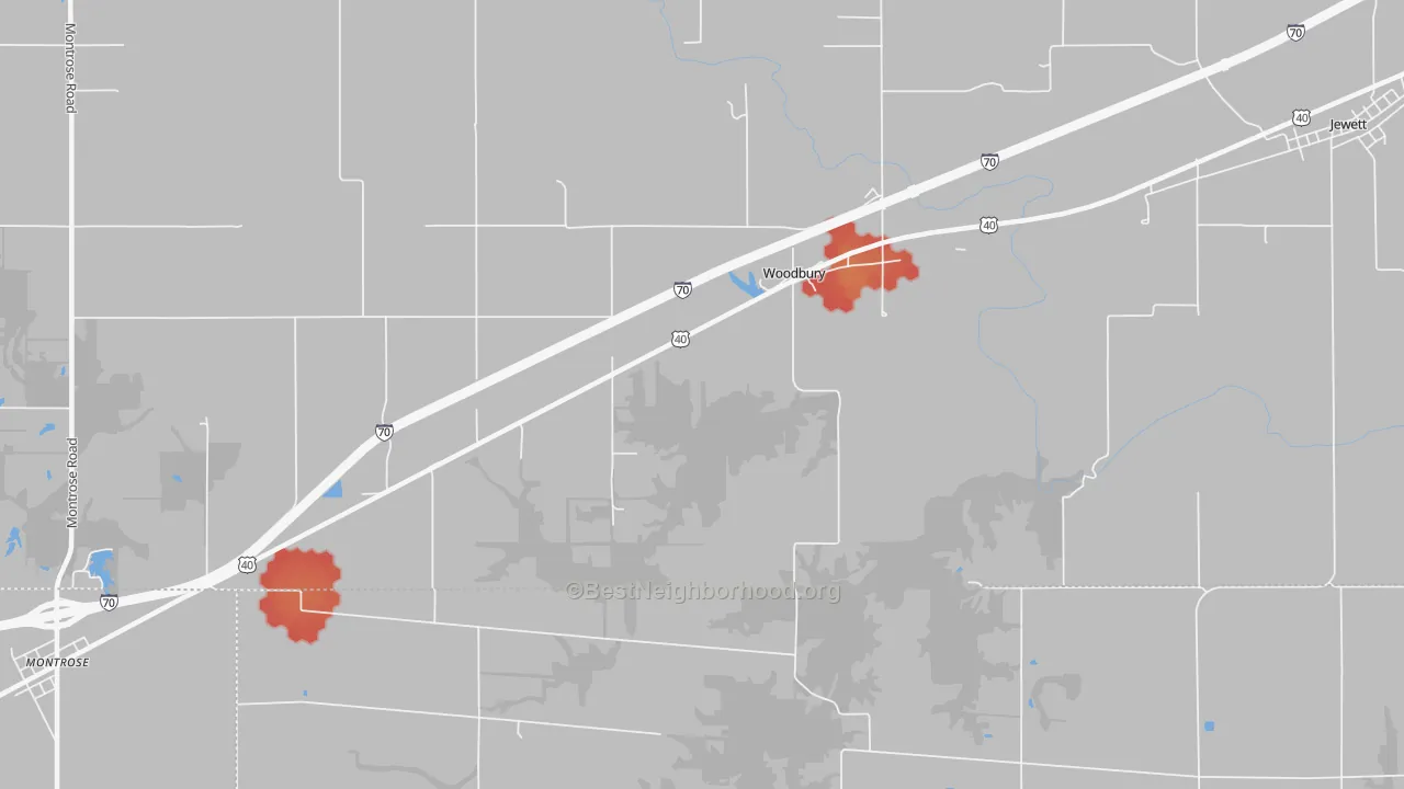 Walk Grade map of Woodbury, IL, walkable areas in green and car-dependent areas in red