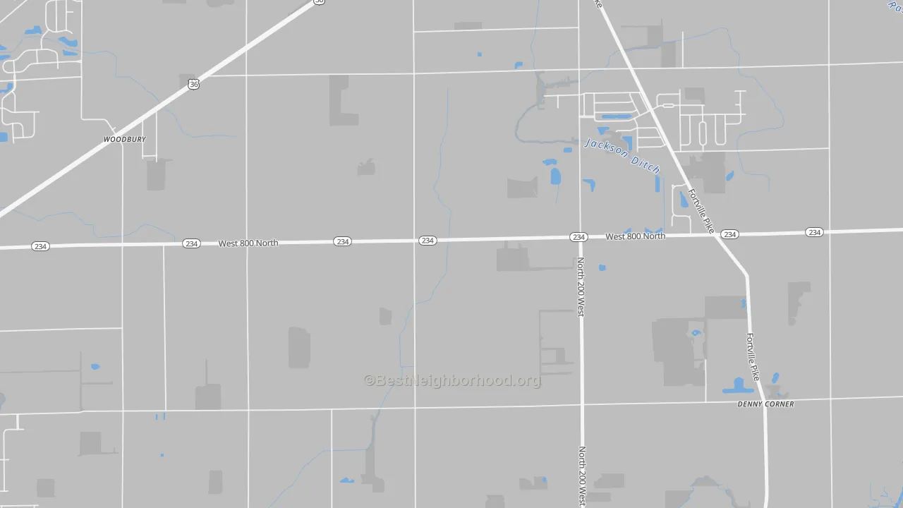 Walk Grade map of Woodbury, IN, walkable areas in green and car-dependent areas in red