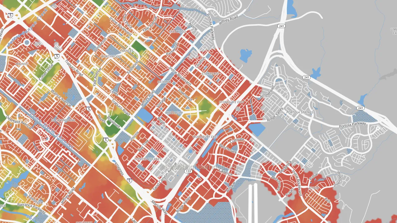 Walk Grade map of Woodbury, Irvine, CA, walkable areas in green and car-dependent areas in red