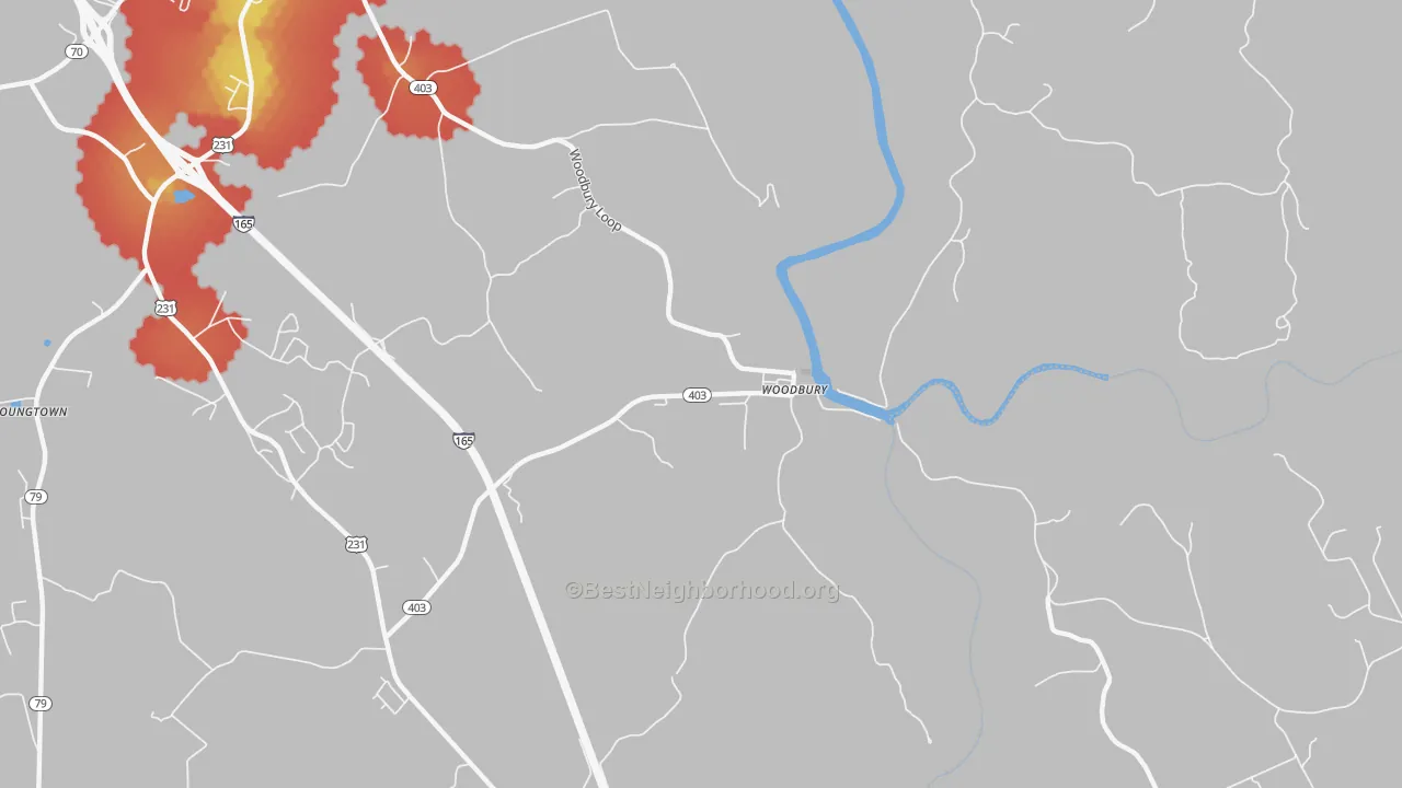 Walk Grade map of Woodbury, KY, walkable areas in green and car-dependent areas in red
