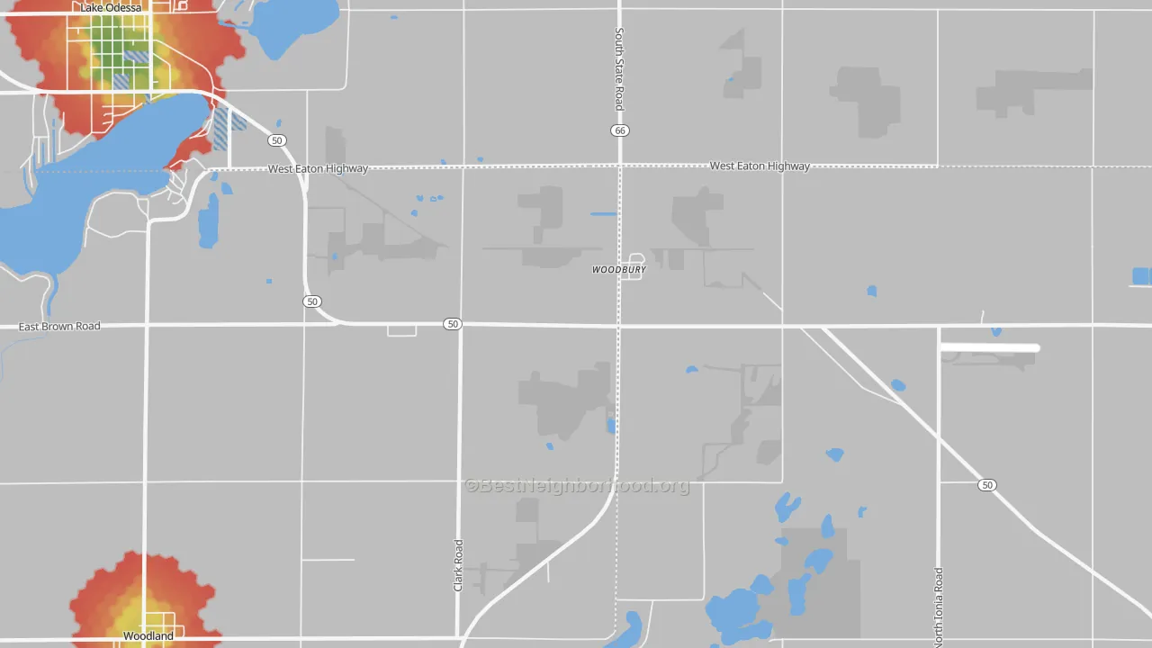 Walk Grade map of Woodbury, MI, walkable areas in green and car-dependent areas in red