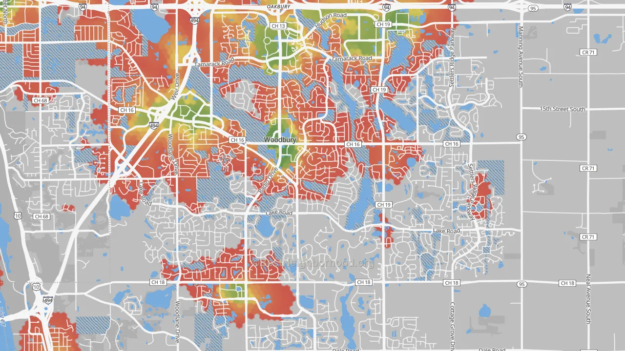 Walk Grade map of Woodbury, MN, walkable areas in green and car-dependent areas in red