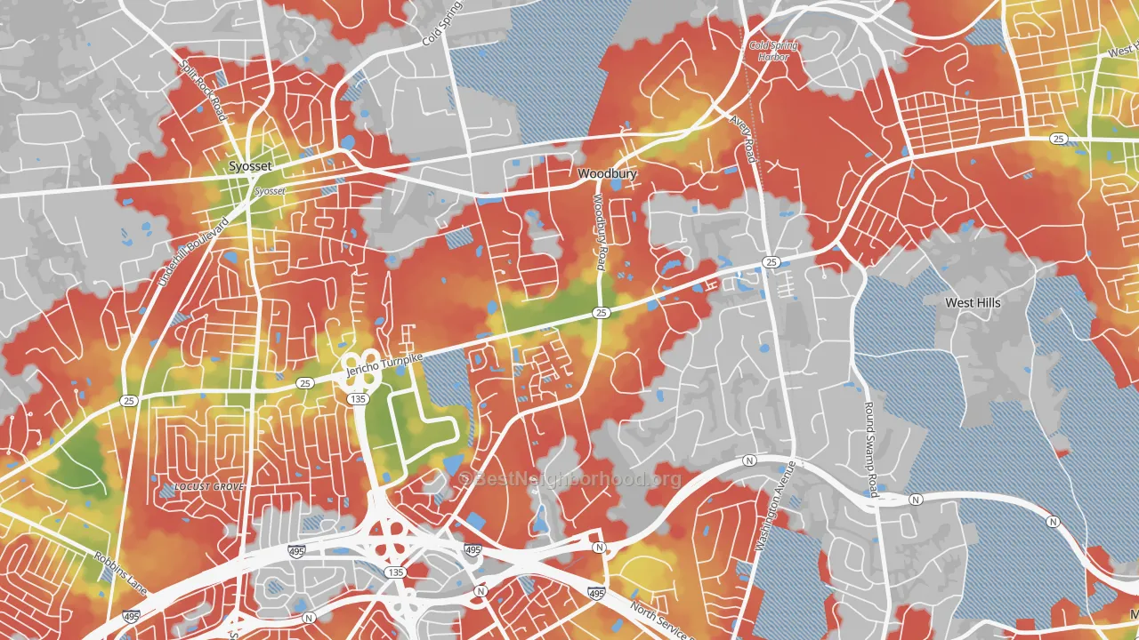 Walk Grade map of Woodbury, NY, walkable areas in green and car-dependent areas in red