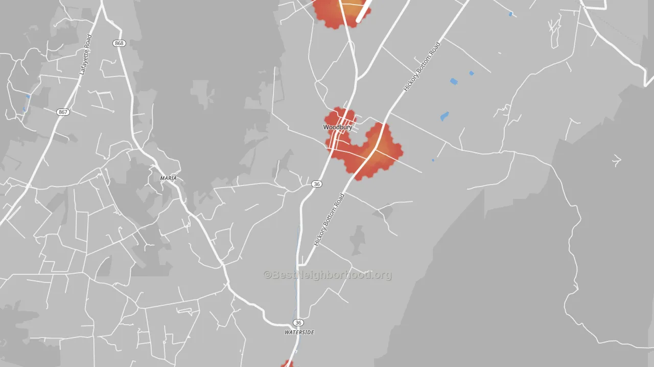 Walk Grade map of Woodbury, PA, walkable areas in green and car-dependent areas in red