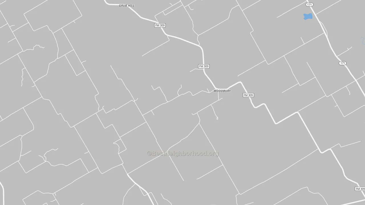 Walk Grade map of Woodbury, TX, walkable areas in green and car-dependent areas in red