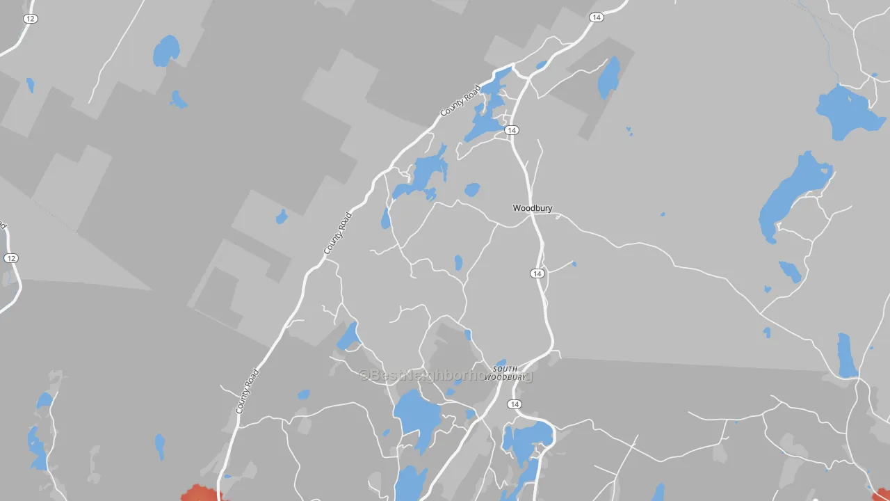 Walk Grade map of Woodbury, VT, walkable areas in green and car-dependent areas in red