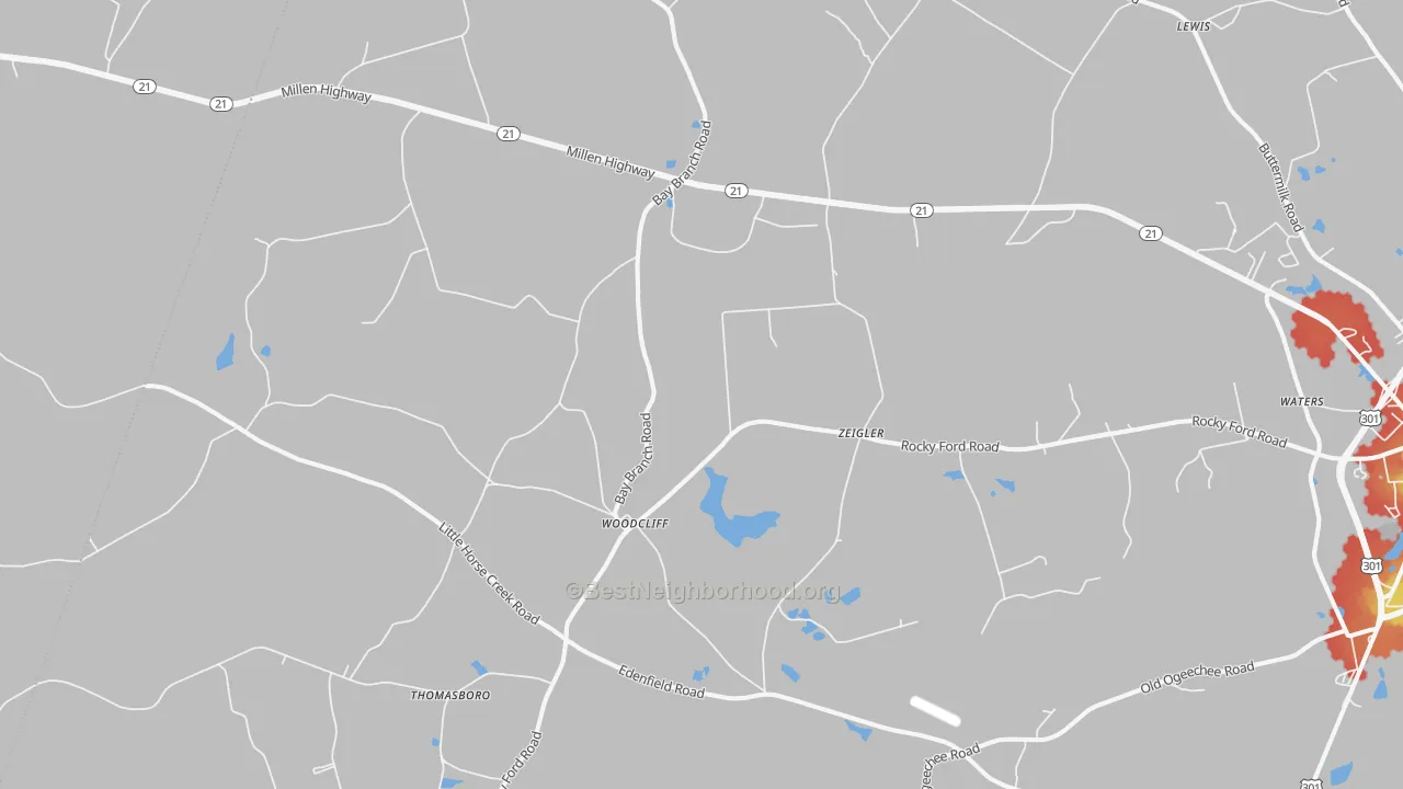 Walk Grade map of Woodcliff, GA, walkable areas in green and car-dependent areas in red